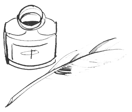 An ink bottle and writing quill